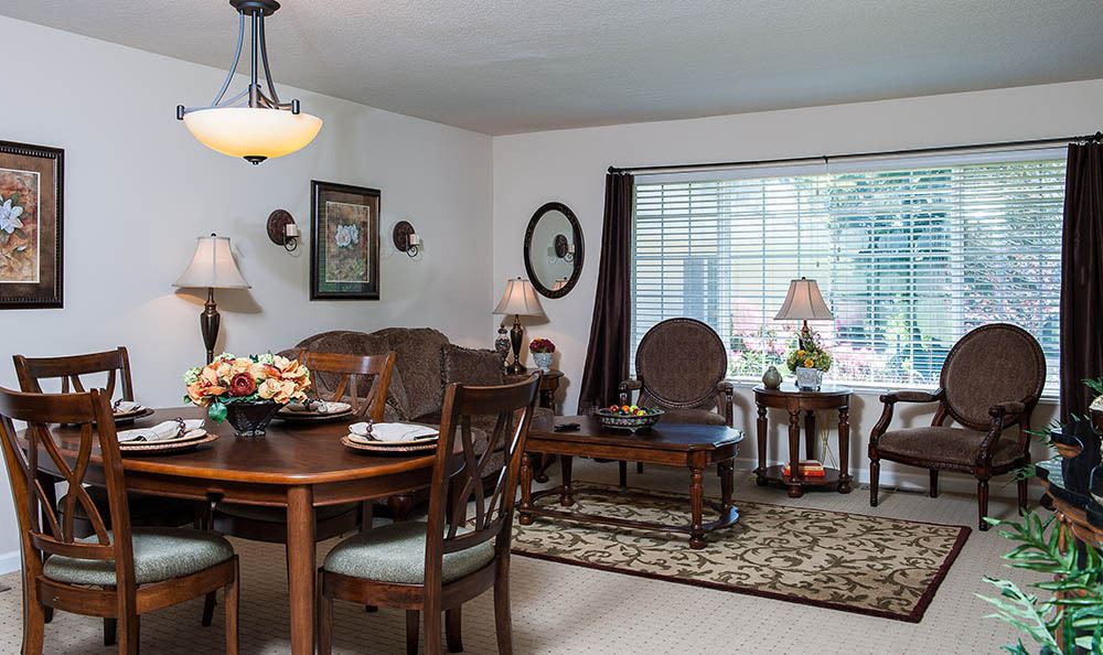 A cozy living and dining area with vintage furnishings and natural light.