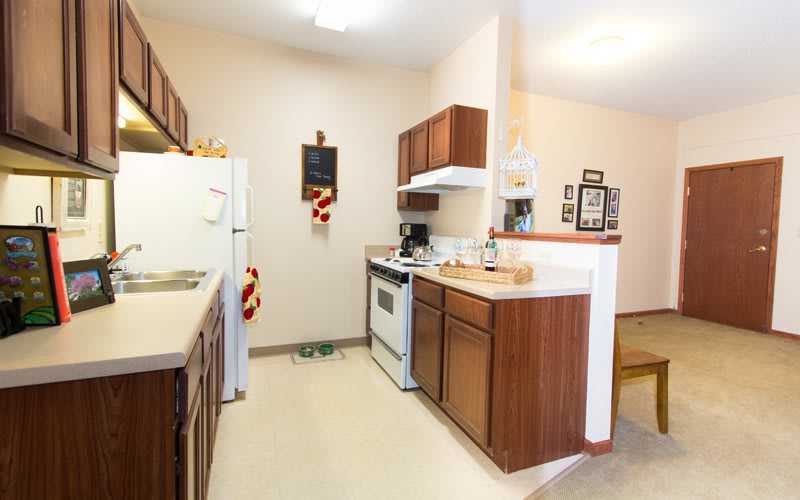 A cozy kitchen with wooden cabinets and essential appliances.