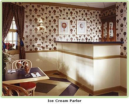 A cozy ice cream parlor featuring charming decor and inviting seating.