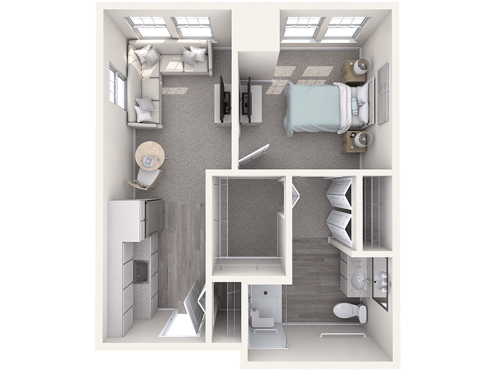 A detailed floor plan of a one-bedroom apartment including a kitchen, living area, bedroom, and bathroom.