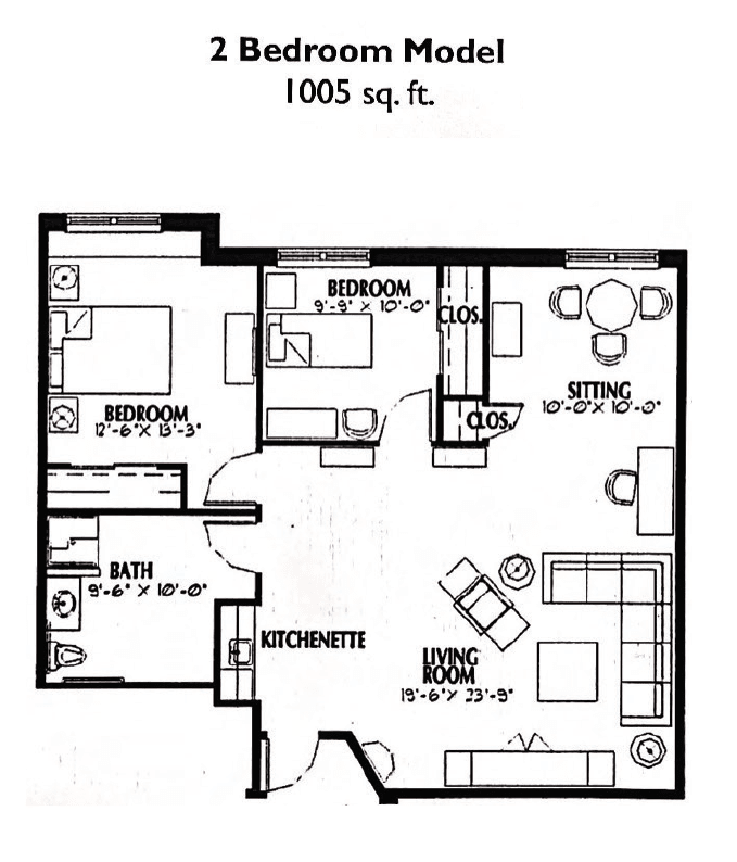 Floor plan of a 1005 sq. ft. apartment with two bedrooms, a bathroom, kitchen, dining area, and living room.