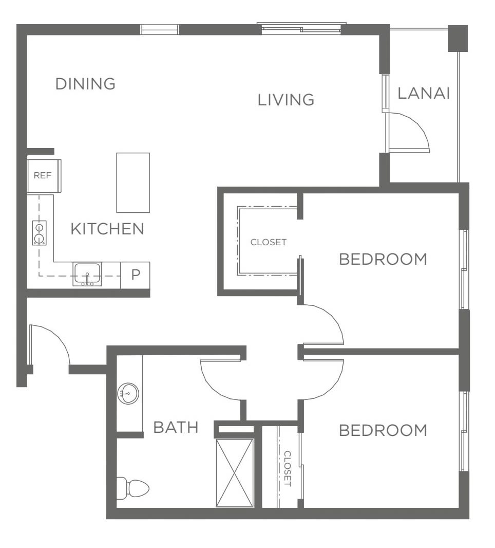 A simple floor plan showcasing a two-bedroom apartment with a kitchen, living room, dining area, bathroom, and lanai.