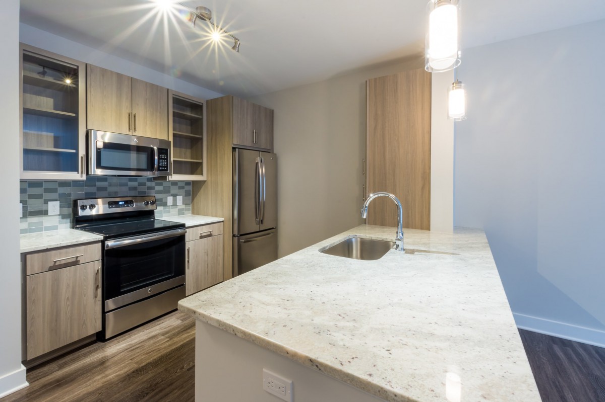 A modern kitchen with stainless steel appliances and a marble countertop.