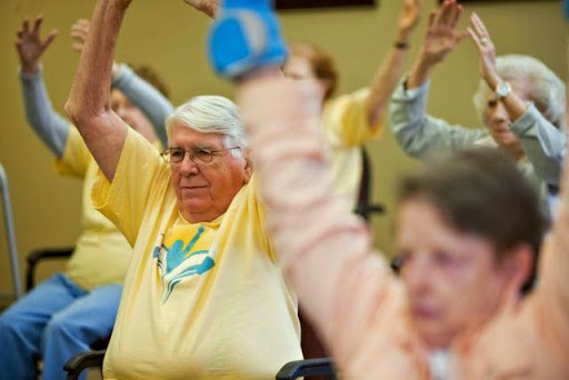 Seniors participating in a fitness class, engaging in physical activities to promote health and well-being.
