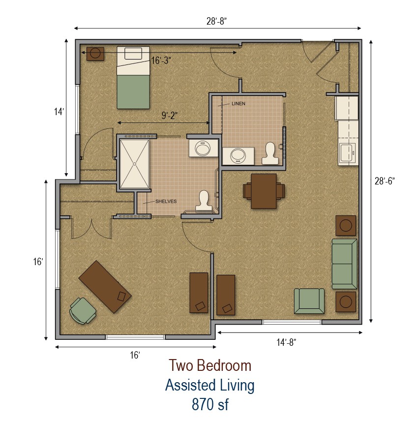 Two-bedroom assisted living floor plan layout.