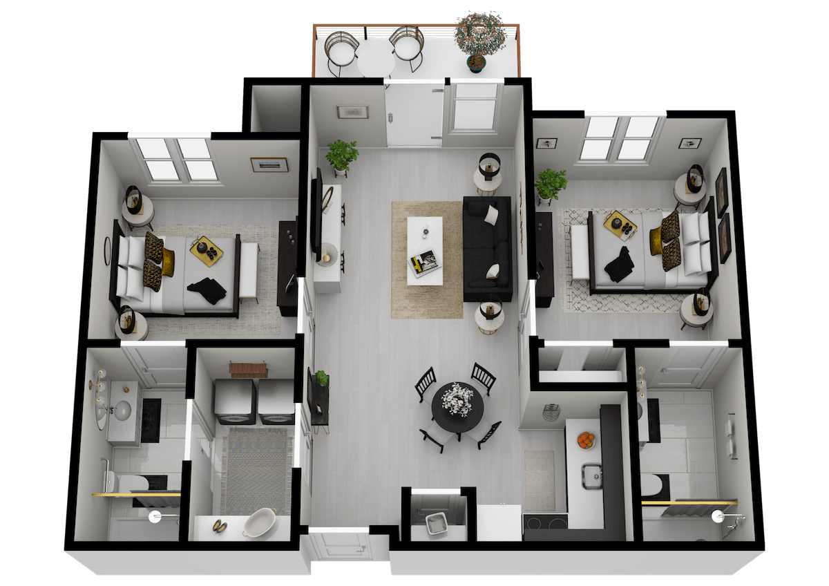 A 3D rendered floor plan of a modern two-bedroom apartment showcasing an open living area and kitchen.