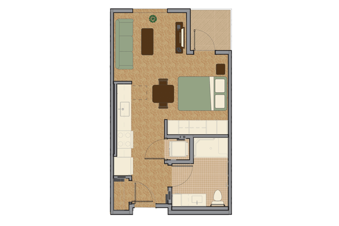 An illustrated floor plan of an apartment showing the layout of rooms and furniture.