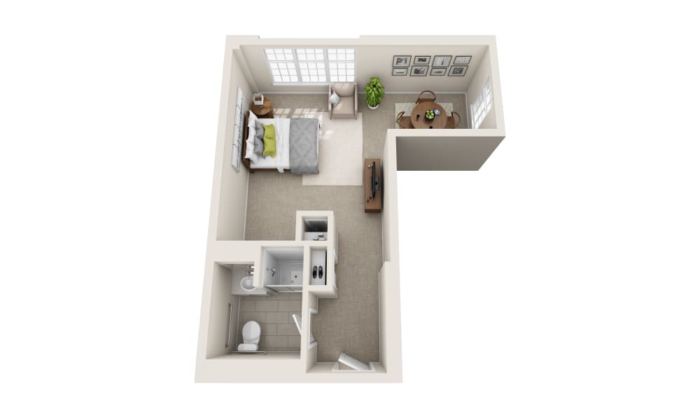 A 3D floor plan of a studio apartment featuring a combined bedroom and living area, alongside a bathroom.