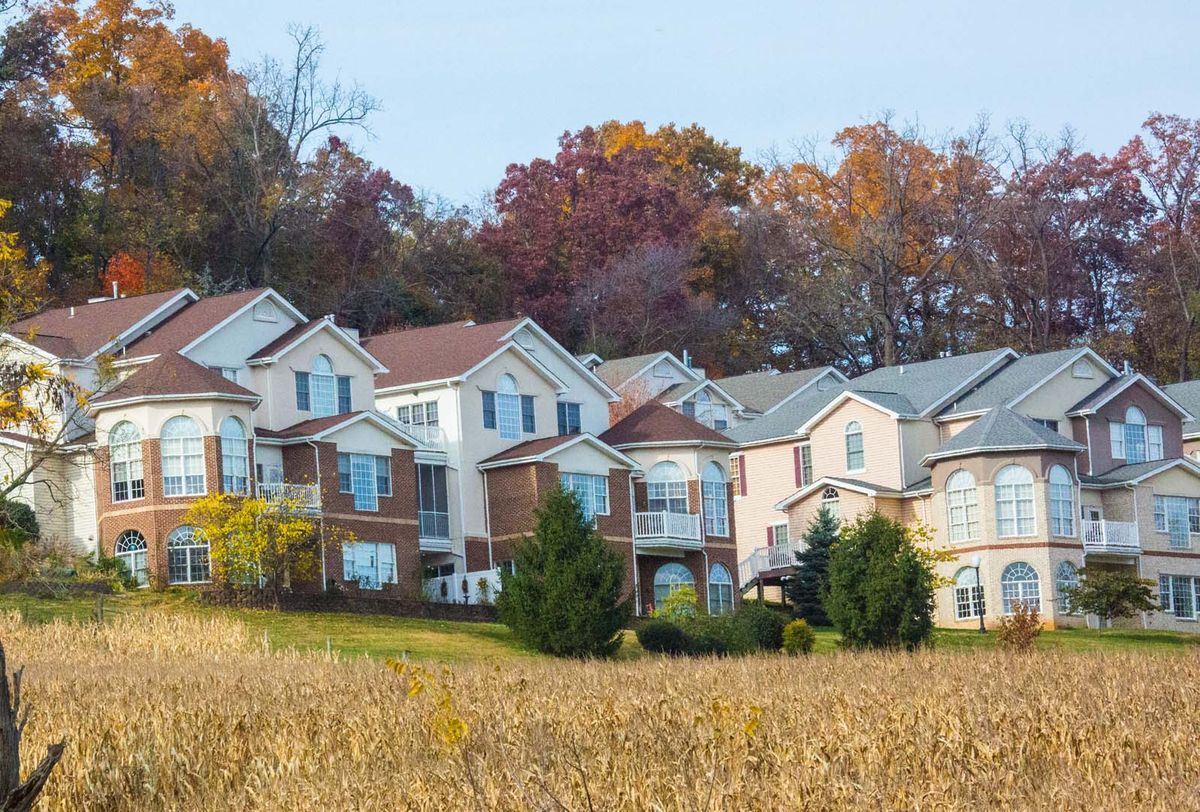 A suburban neighborhood with houses surrounded by autumn-colored trees.
