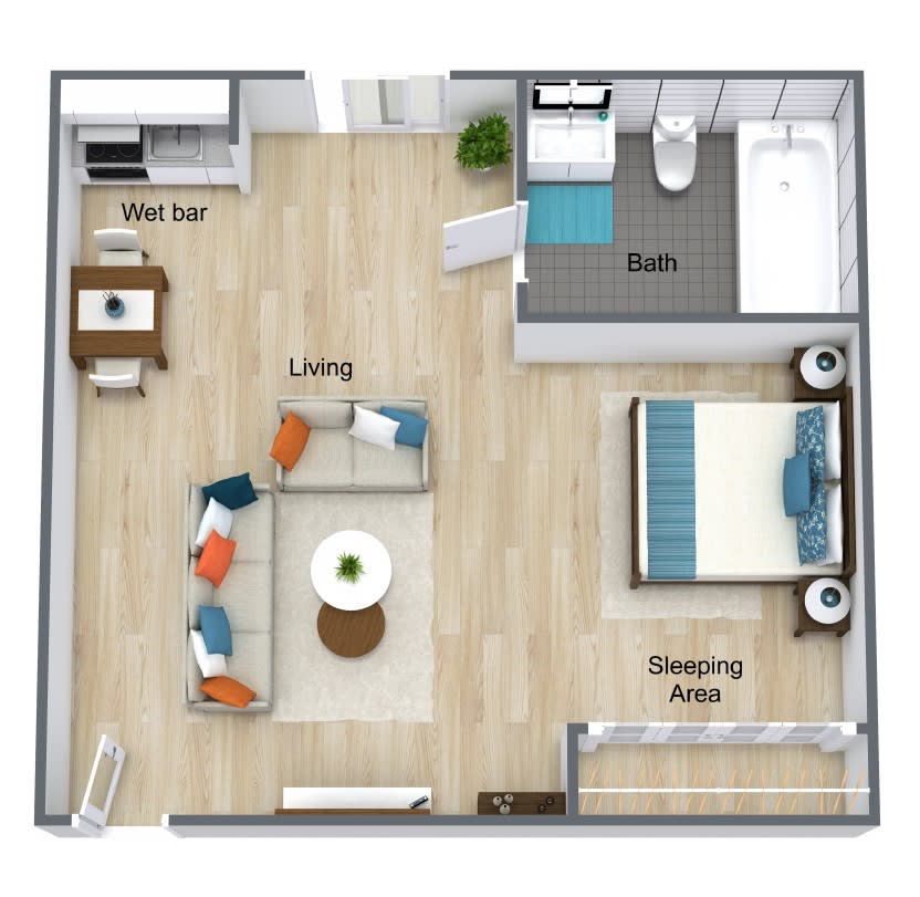 Studio apartment floor plan with designated living, sleeping, and work areas.