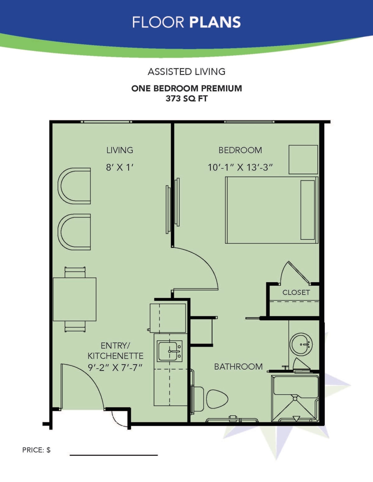 A floor plan of a one-bedroom assisted living apartment, measuring 575 square feet.
