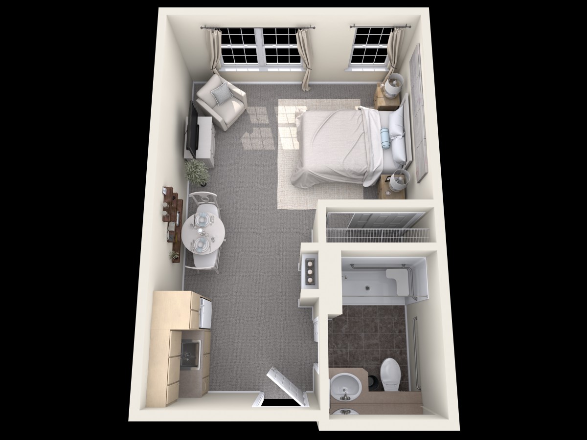 3D floor plan of a compact apartment with a bedroom and bathroom.