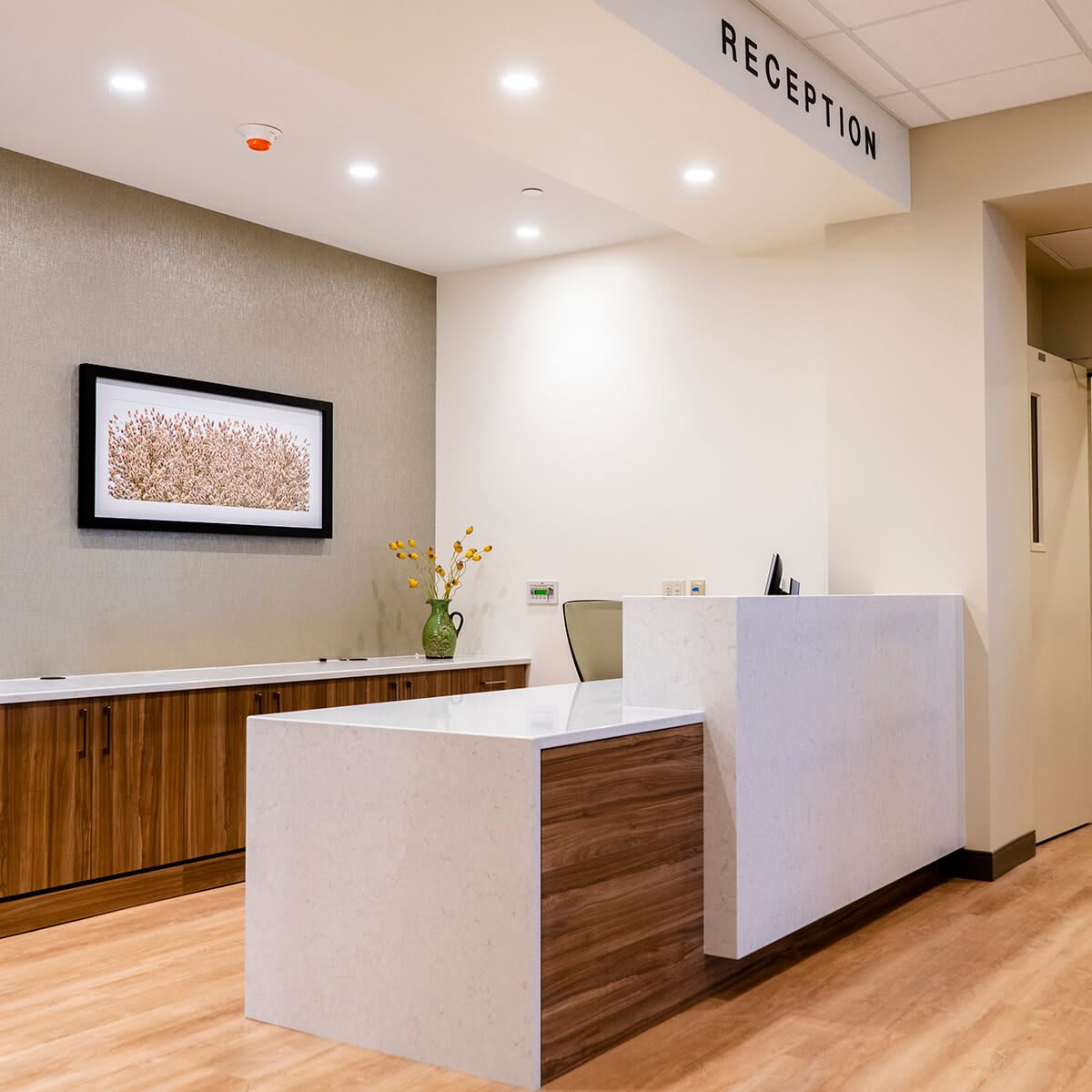 A modern reception area with a sleek desk and contemporary decor.