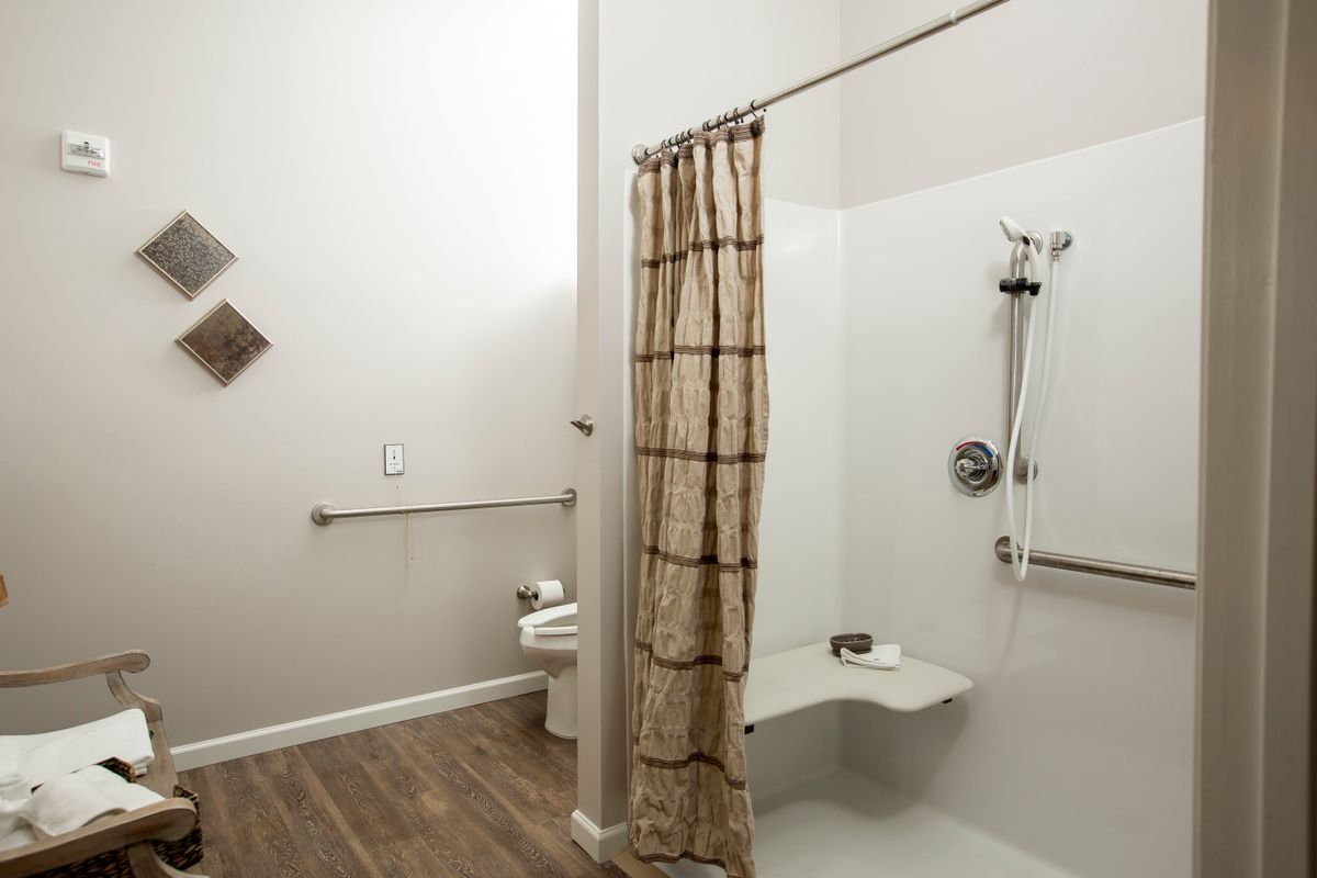 An accessible bathroom with a shower, grab bars, and wooden flooring.