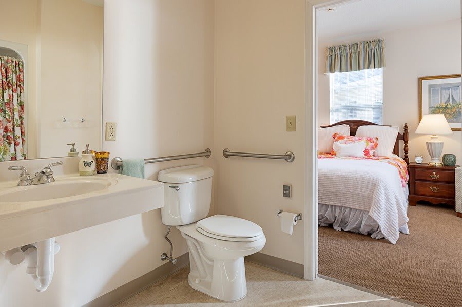 A bathroom with a toilet, sink, and mirror, featuring handrails and an open view into a bedroom.