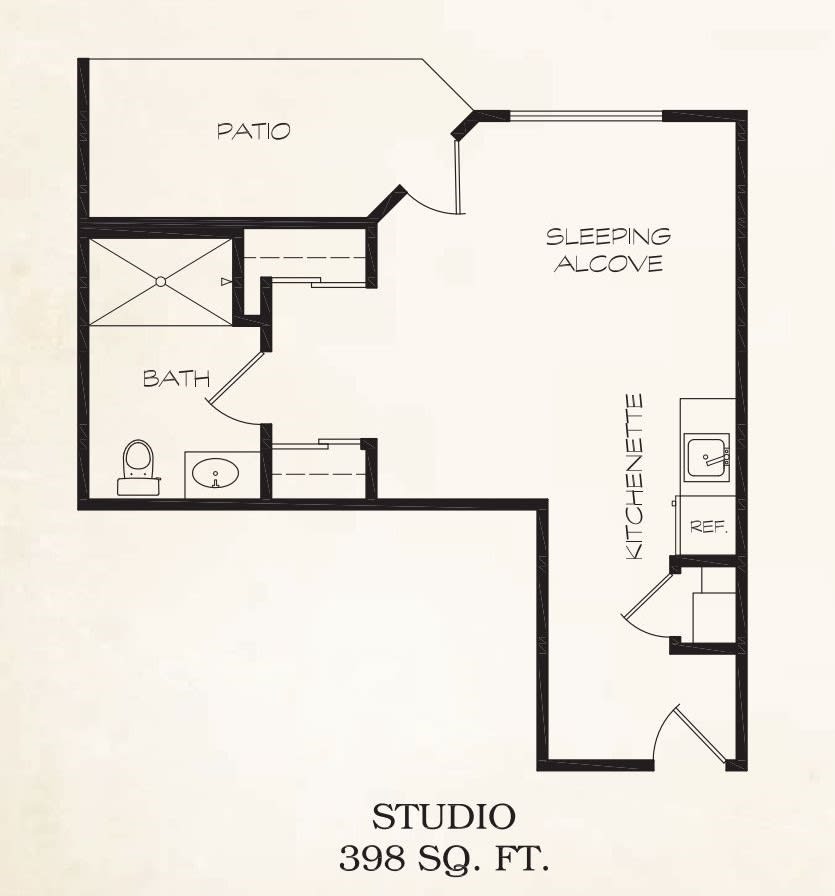 Studio apartment floor plan with a patio and sleeping alcove.
