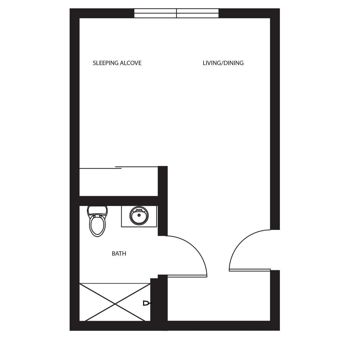 A simple floor plan showing a living area with an adjoining bathroom.