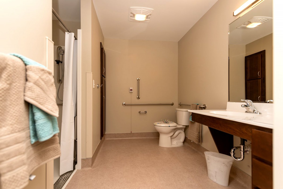 An accessible bathroom with a toilet, sink, and shower equipped with grab bars.