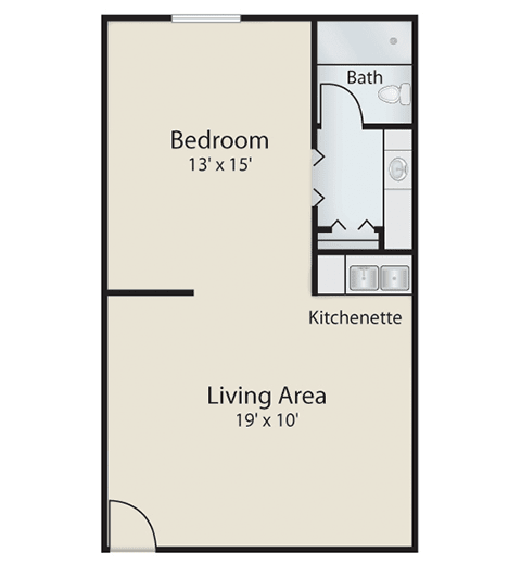A floor plan of a one-bedroom apartment with a living area, kitchenette, and bathroom.