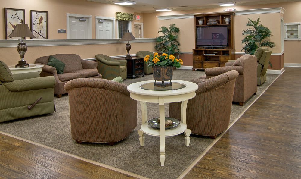 A cozy living room setup with several sofas arranged around a central table, featuring a decorative plant and a large TV in the background.