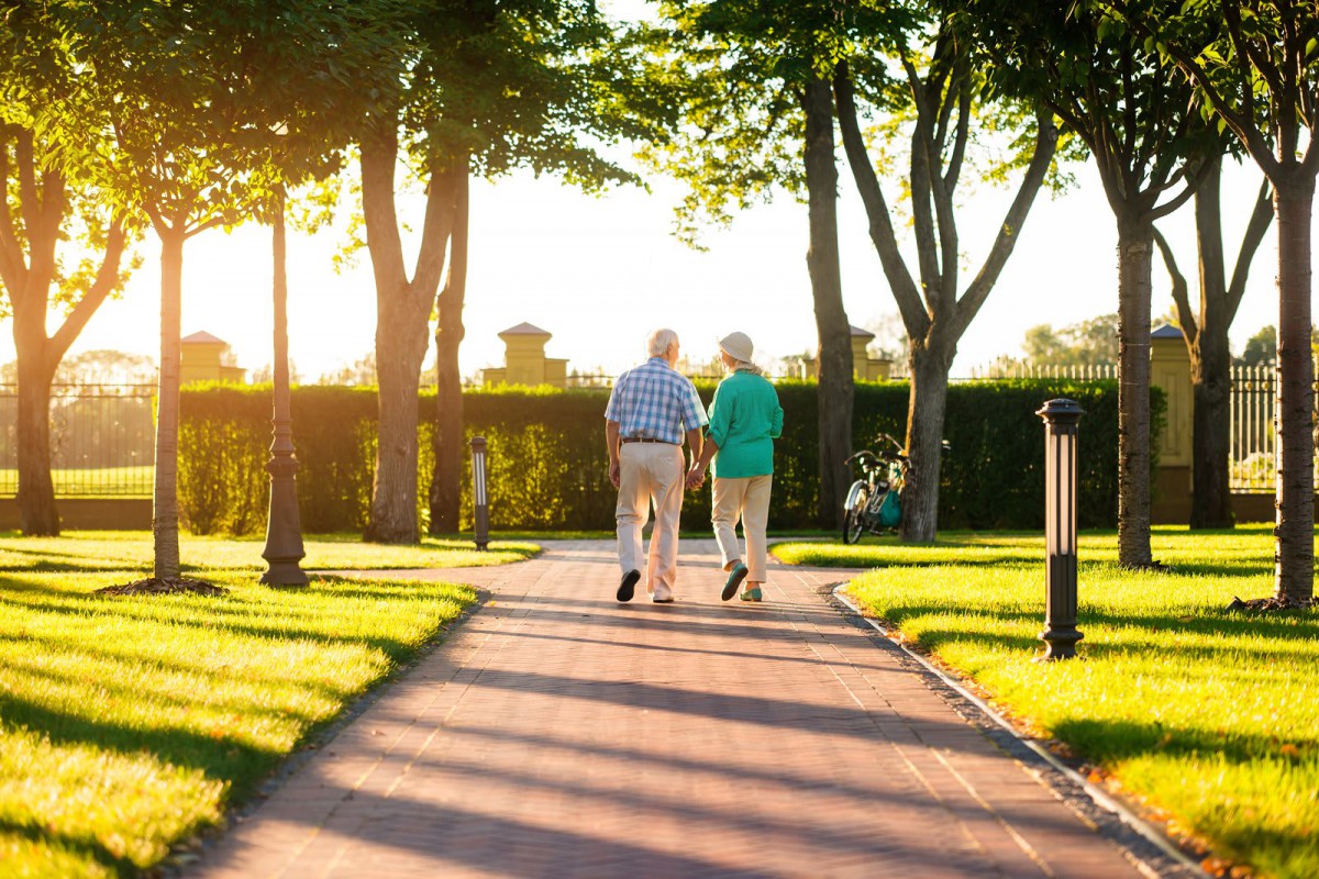 Two people walking together in a park at sunset.