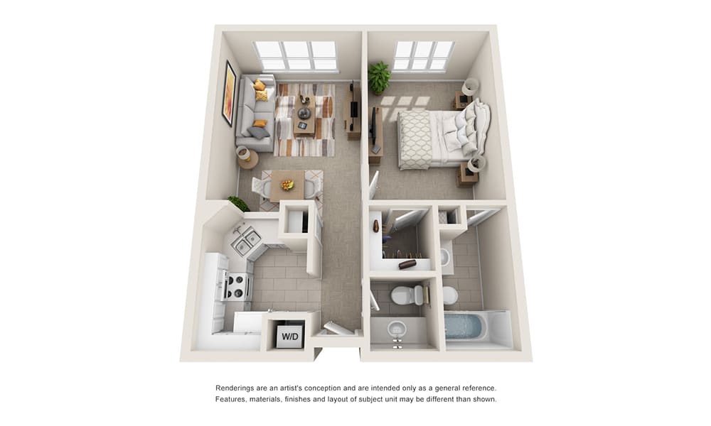 A 3D floor plan of a one-bedroom apartment featuring a kitchen, living room, bedroom, and bathroom.