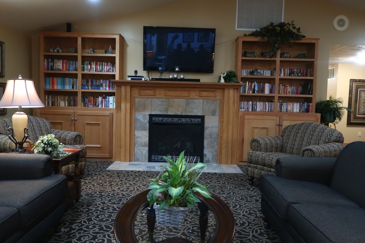 A cozy living room with a fireplace, surrounded by bookshelves and adorned with comfortable sofas and a coffee table featuring a decorative plant.