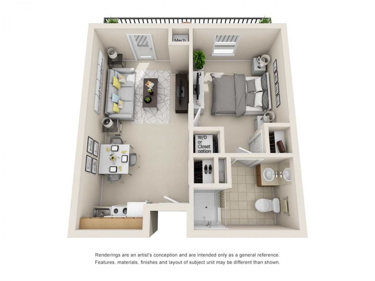 A 3D floor plan of a one-bedroom apartment featuring a living room, kitchen, bathroom, and bedroom.