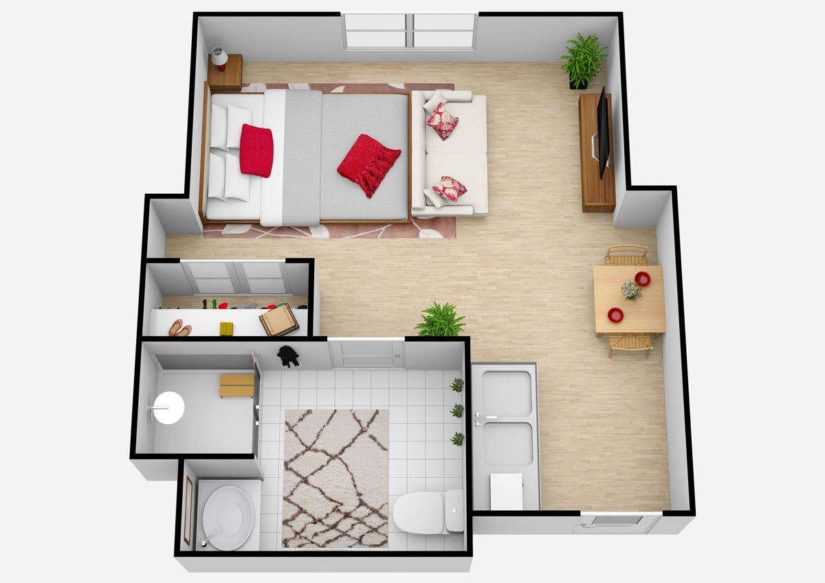 A 3D floor plan of a one-bedroom apartment featuring a cozy living area, kitchen, bathroom, and bedroom.