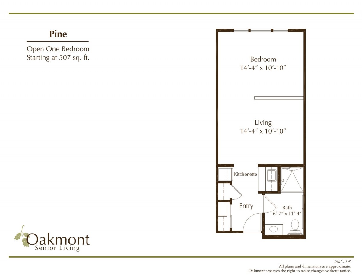 One-bedroom apartment floor plan showing room dimensions and layout.