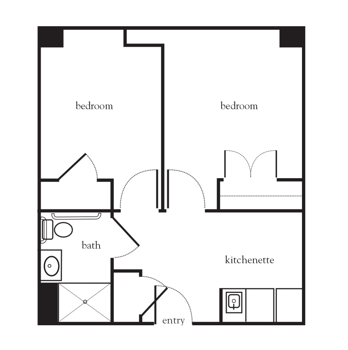 A floor plan depicting a two-bedroom apartment with a kitchenette and bathroom.