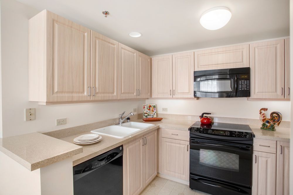 A modern kitchen with light wood cabinets, black appliances, and a clean countertop.