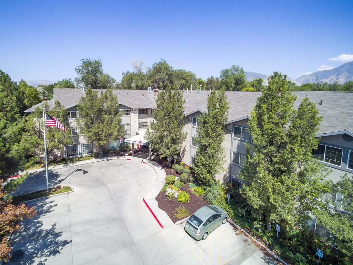 Aerial view of a building surrounded by trees with a car in the driveway.