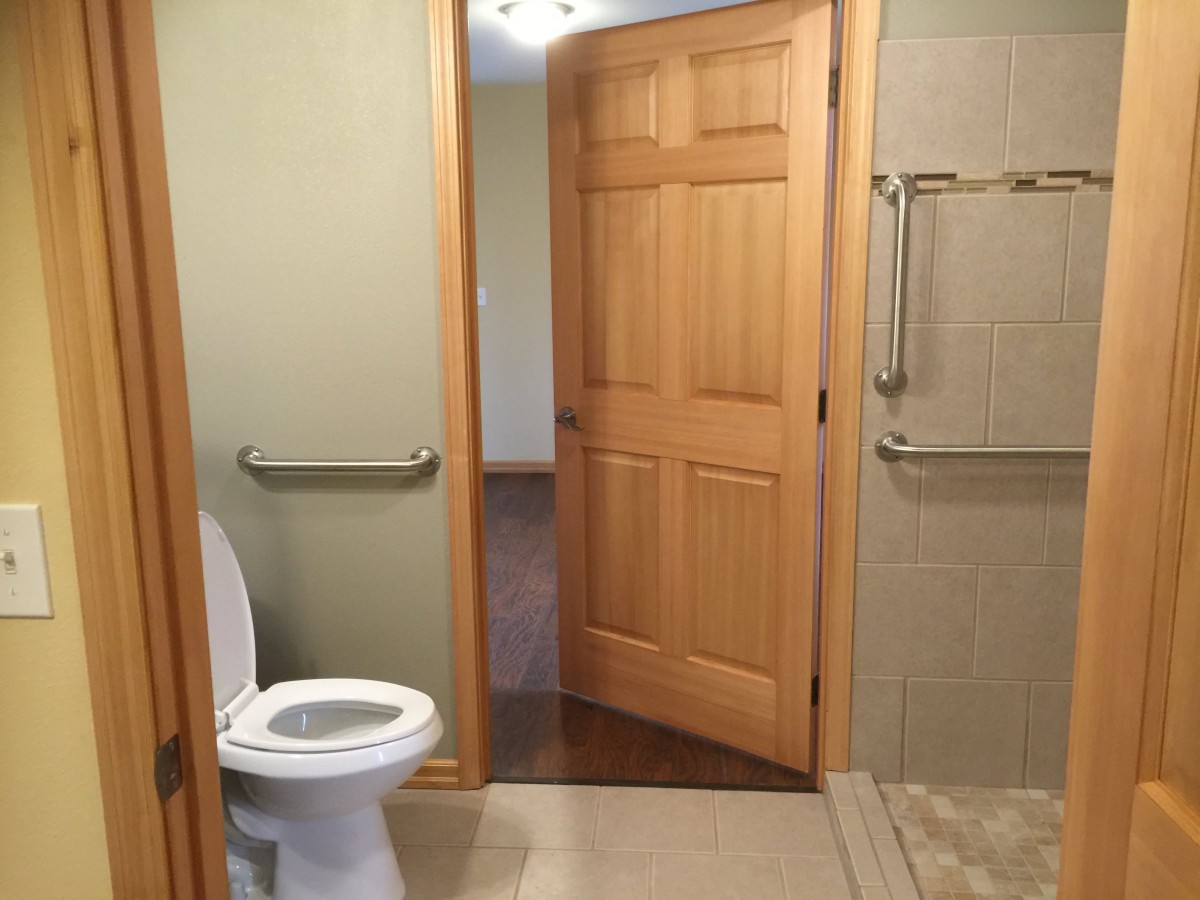 A bathroom with a toilet, wooden door, and grab bars near the shower.