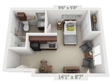 A compact studio apartment floor plan with a bedroom, kitchenette, and bathroom.