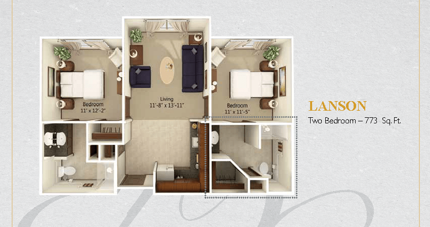 A detailed floor plan of a two-bedroom apartment showing the living room, kitchen, bathroom, and bedrooms.