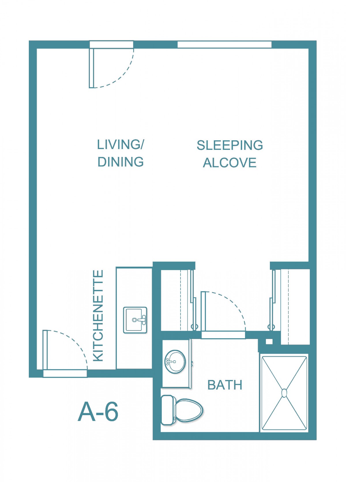 A floor plan of a studio apartment featuring a kitchenette, living/dining area, sleeping alcove, and a bathroom.