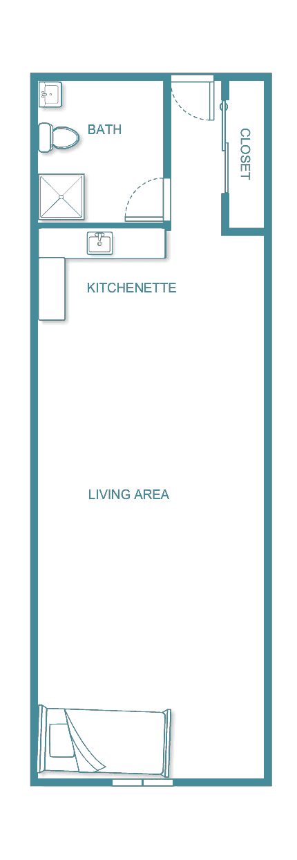 A simple floor plan featuring a kitchenette and living area.