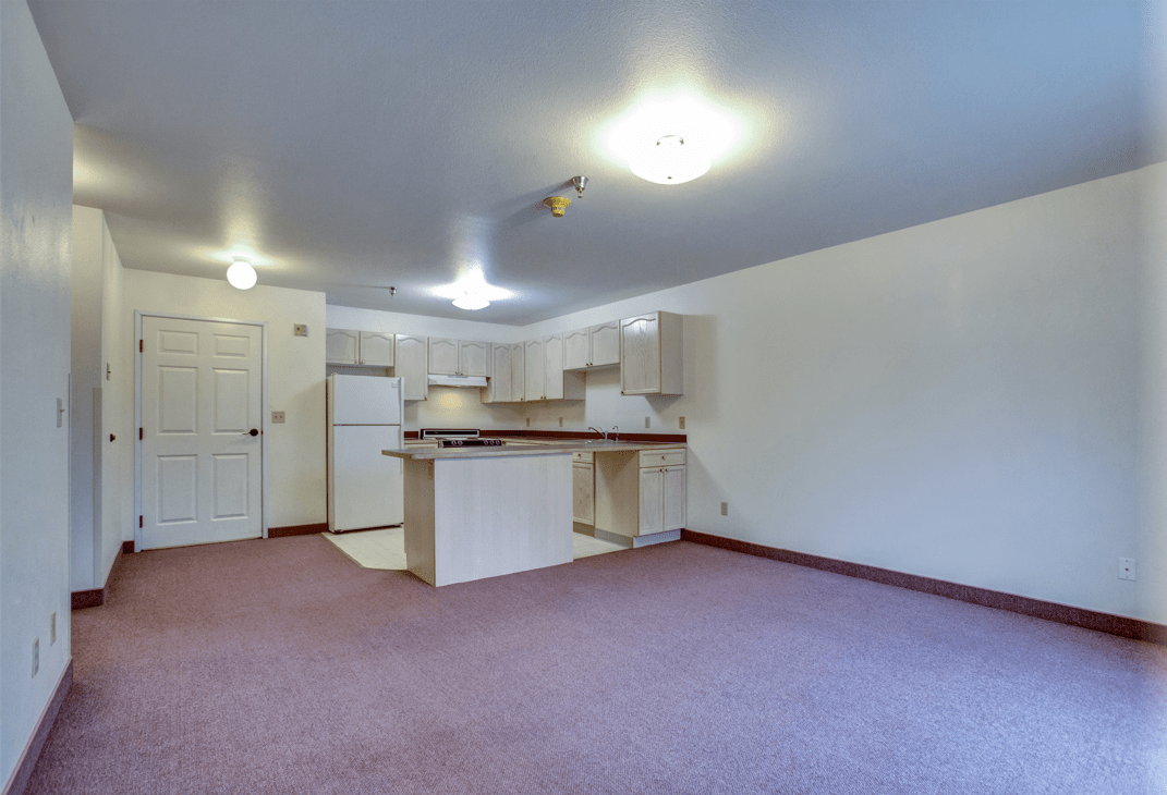 An empty apartment interior featuring a kitchen with cabinets, a countertop, and carpeted flooring.