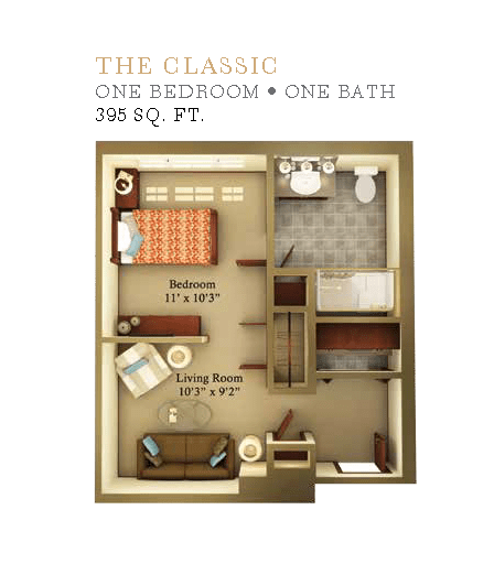 A floor plan of a one-bedroom apartment with a living room, kitchen, and bathroom.