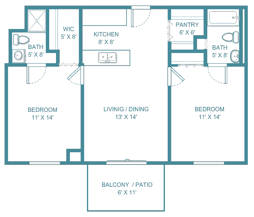 Floor plan of a two-bedroom apartment with living/dining area, kitchen, and balcony/patio.
