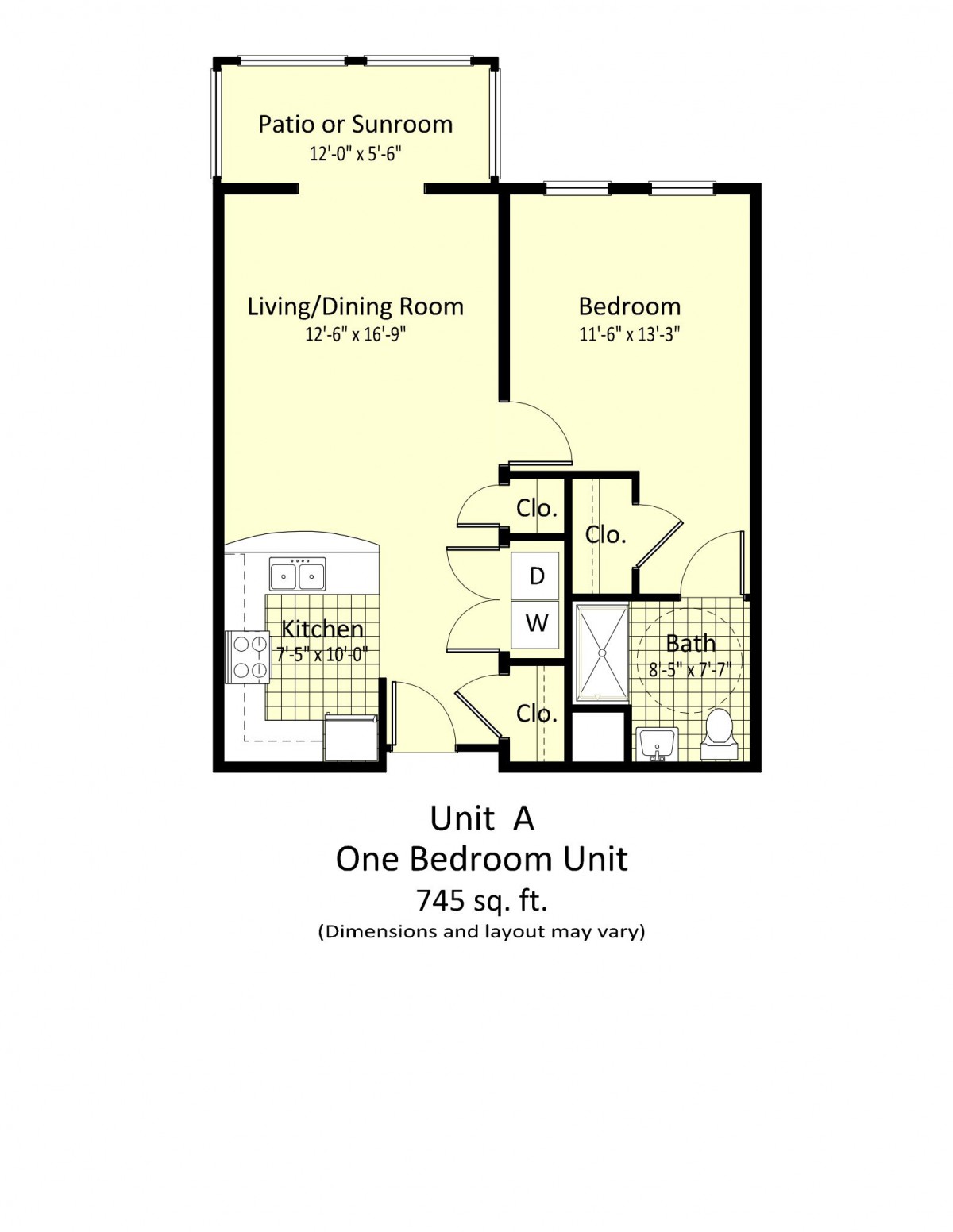 Floor plan of a one-bedroom apartment unit with living/dining room, kitchen, bathroom, and closets.