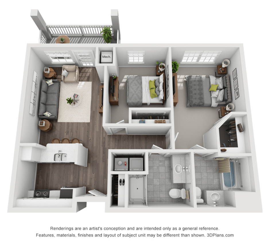 3D floor plan of a two-bedroom apartment with a modern design.