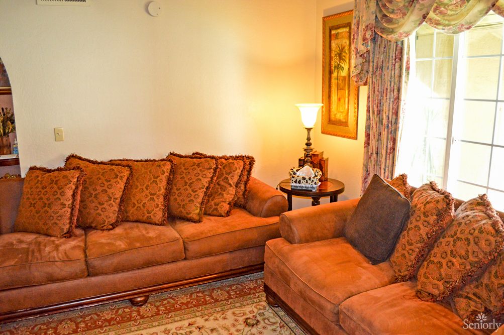A cozy living room with brown sofas, a lamp, and decorative elements.