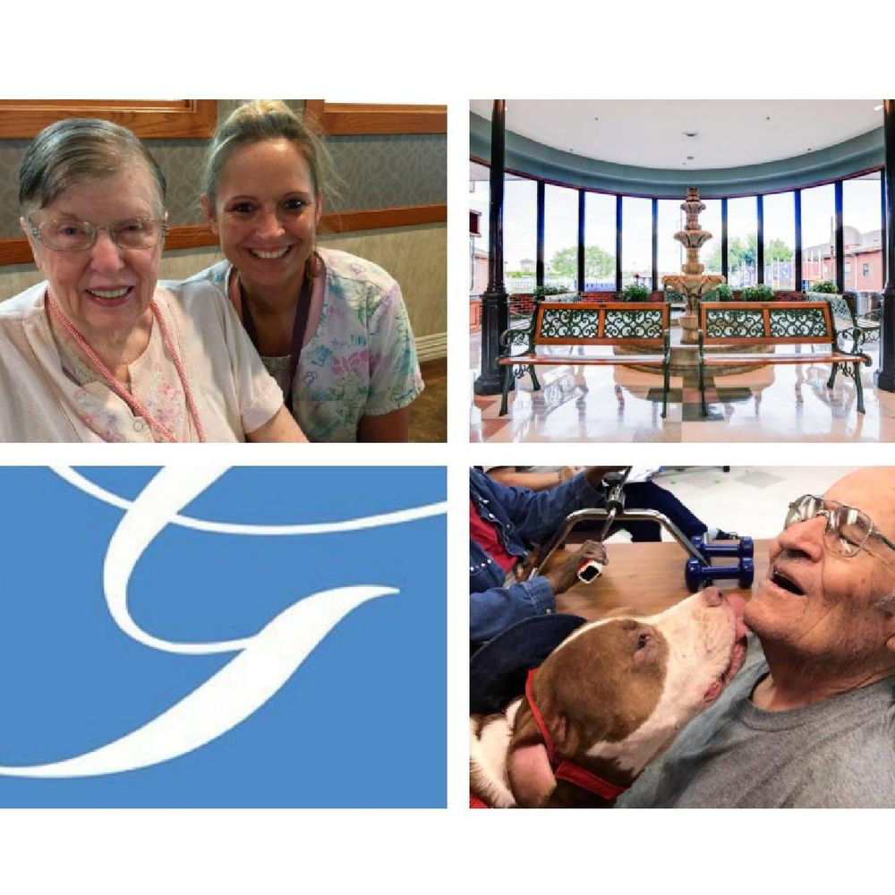 A collage depicting various aspects of elderly care, including a caregiver with a senior, a scenic interior view, and family interactions.