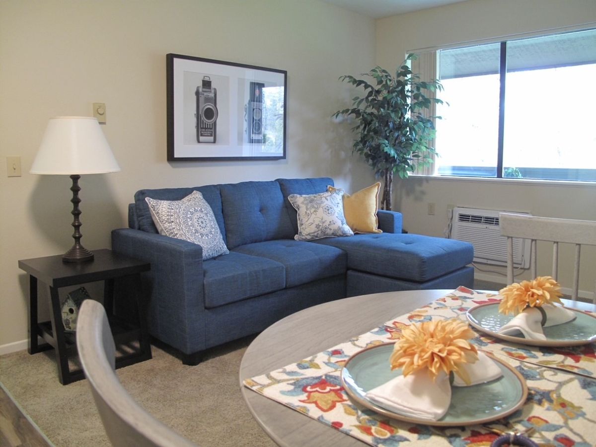 A cozy living room with a blue sectional sofa and decorative pillows, featuring a bright window and stylish home decor.