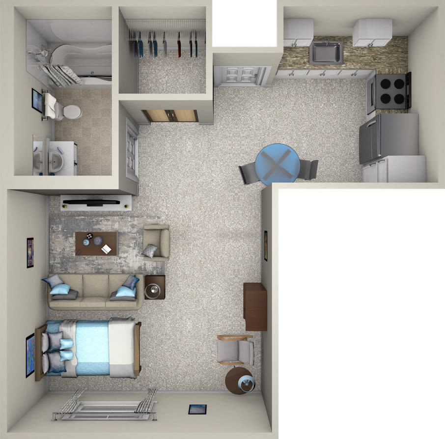 This is a floor plan of a compact one-bedroom apartment with designated areas for the kitchen, living room, and bathroom.