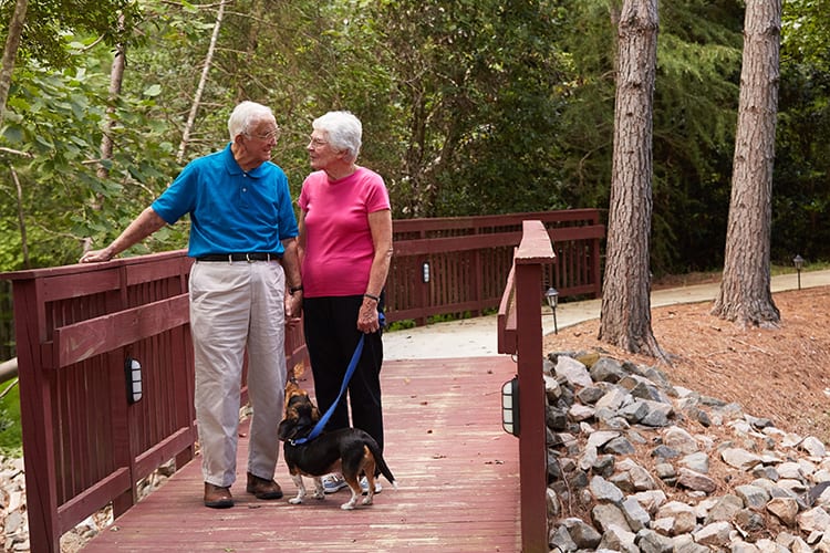 An elderly couple walking their dog across a wooden bridge in a natural setting.