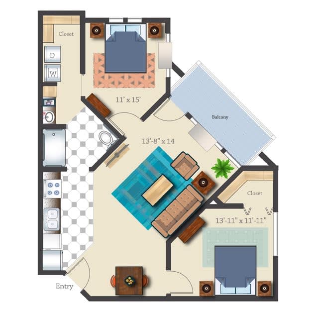 A detailed floor plan of a two-bedroom apartment featuring a spacious living room, kitchen, and balcony.