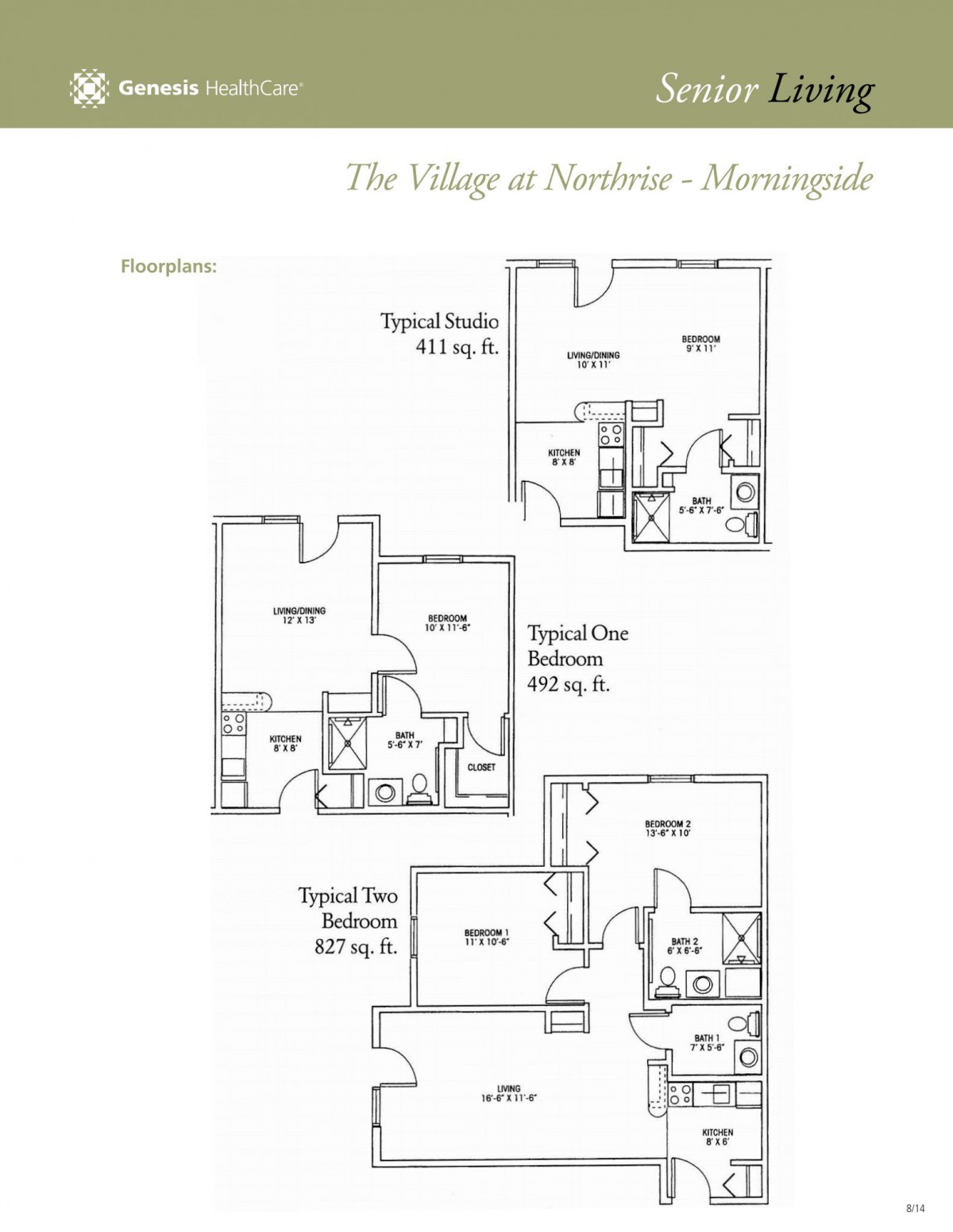 The Village at Northrise - Floor plans for studio, one-bedroom, and two-bedroom apartments.